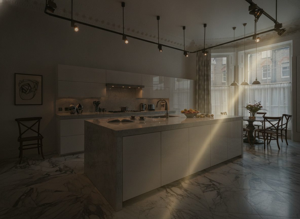 Cucina con pavimento in marmo venato grigio, isola con piani e fianchi coordinati e pensili laccati bianchi