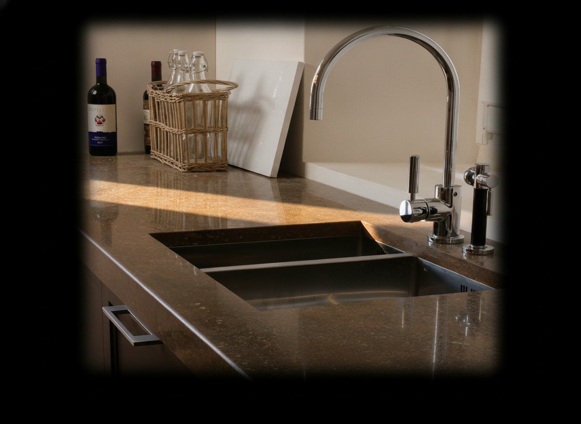 Piano cucina in granito marrone lucidato con doppio lavello in acciaio sottopiano e rubinetteria cromata