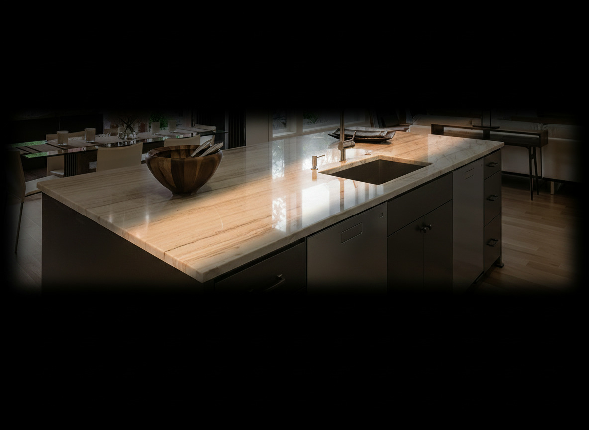 Cucina ultramoderna con piano isola in marmo Daino e colonne con forni, cantinetta e abbattitore