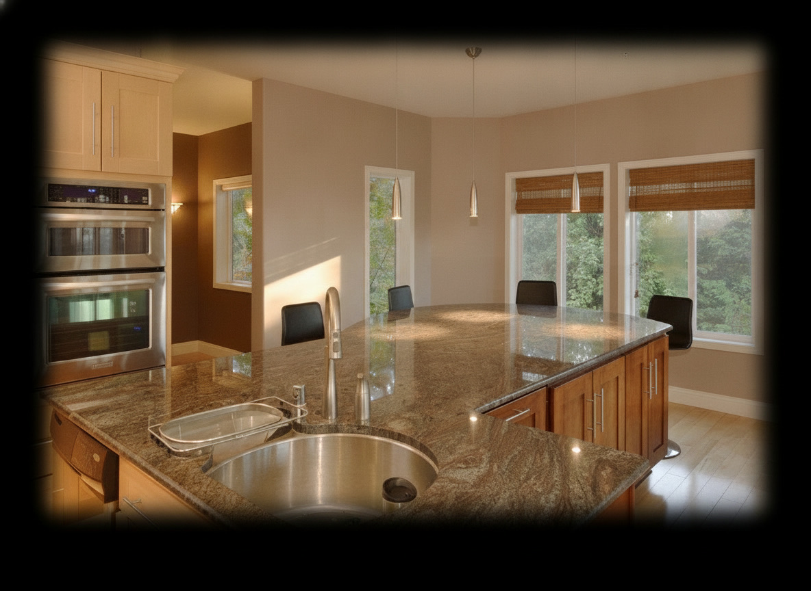 Isola cucina con zona colazione, ante in legno, piano in marmo marrone lucidato e lavello tondo in acciaio