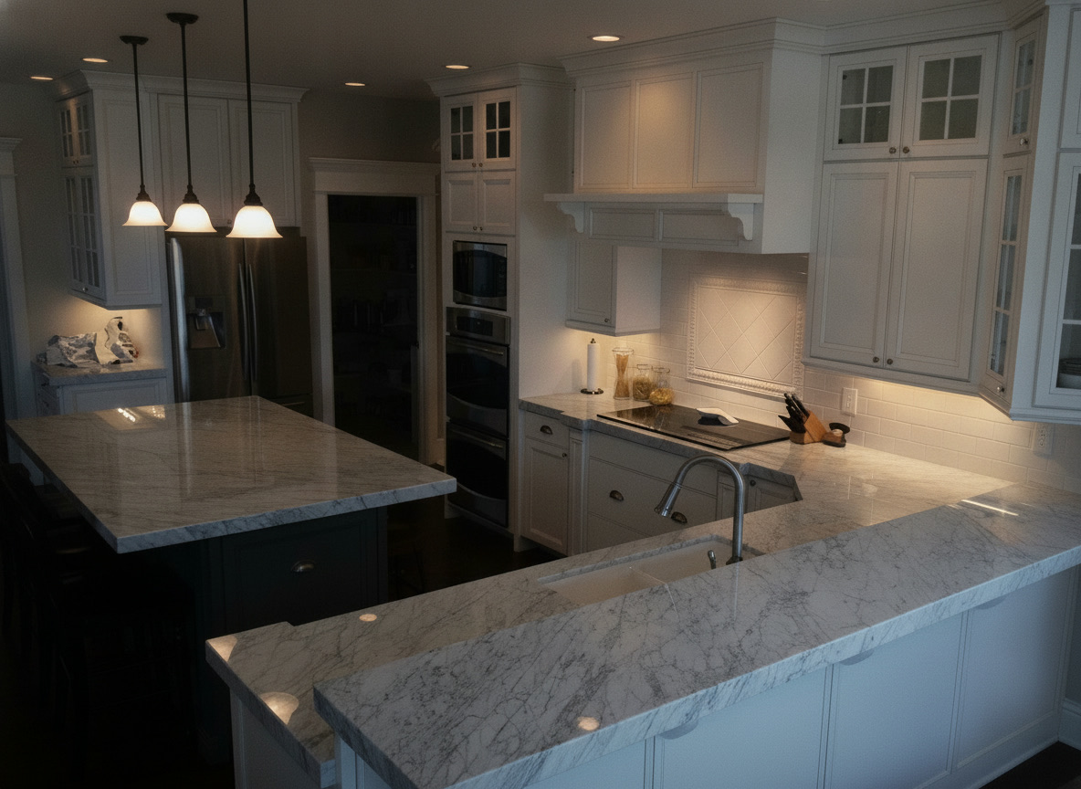 Cucina angolare classica con piani in marmo bianco venato su due livelli e isola con base in legno blu notte