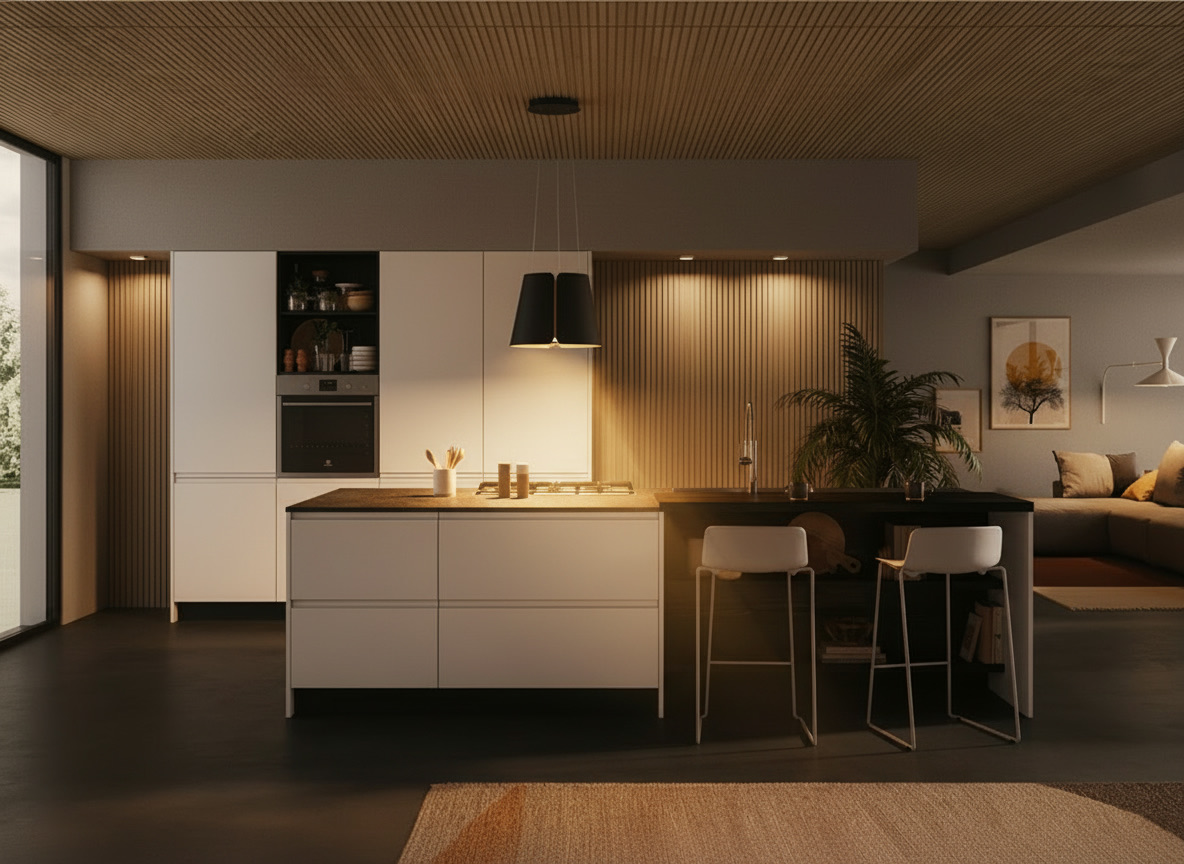 Cucina moderna con isola laccata bianca, piano in pietra scura con fuochi a gas e bancone nero con sgabelli