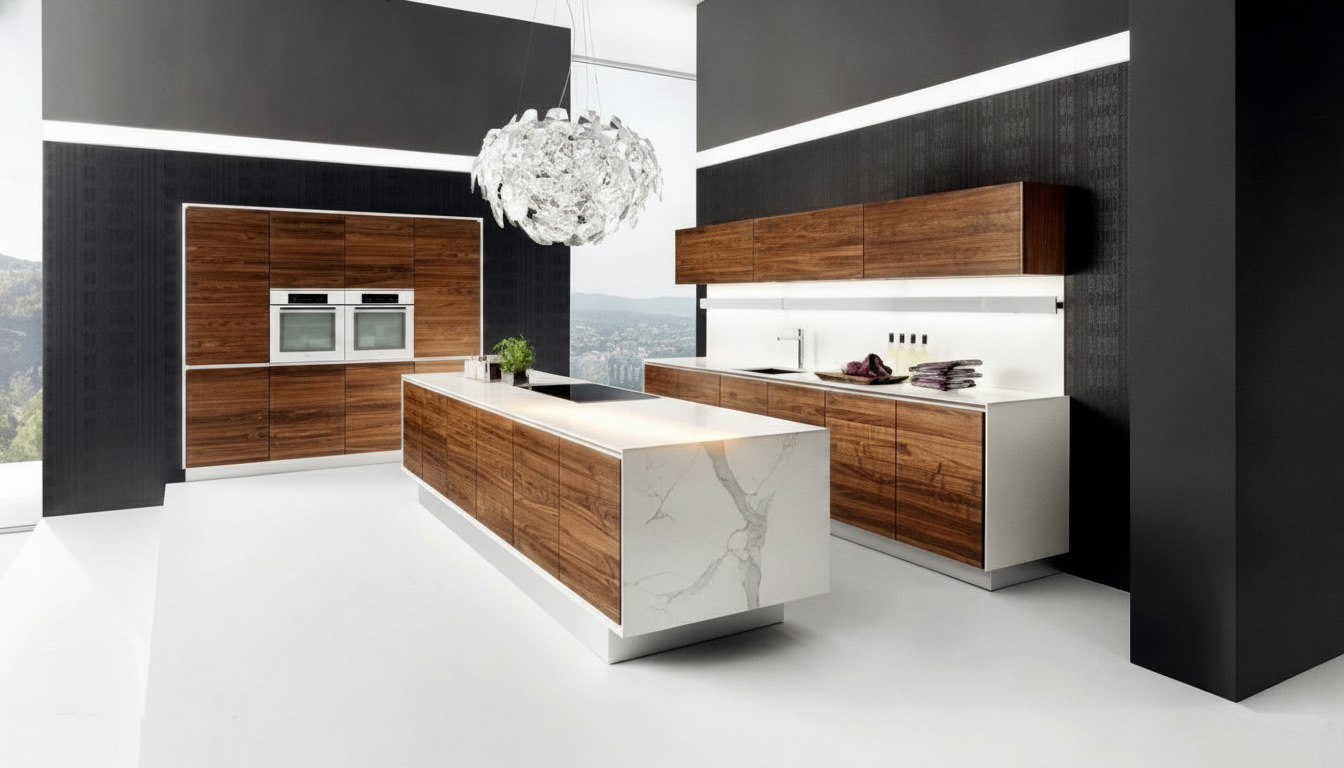 Cucina moderna con isola bianca e cassetti in legno, colonne in legno su pareti nere e pavimento bianco