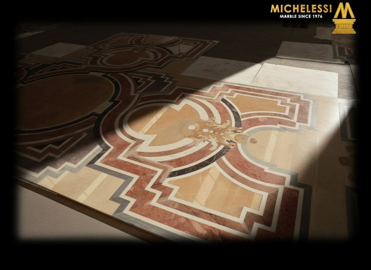Pannelli di pavimento intarsiati in marmi crema, rossi e dorati, motivi geometrici, lavorazione del marmo Michelessi