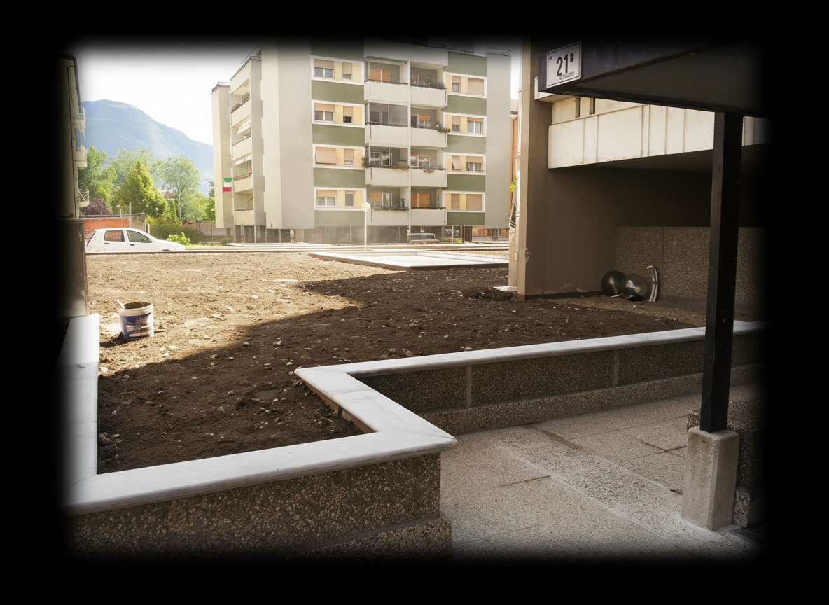 Cantiere con fioriere rivestite in graniglia e copertine di pietra grigia, edilizia Michelessi
