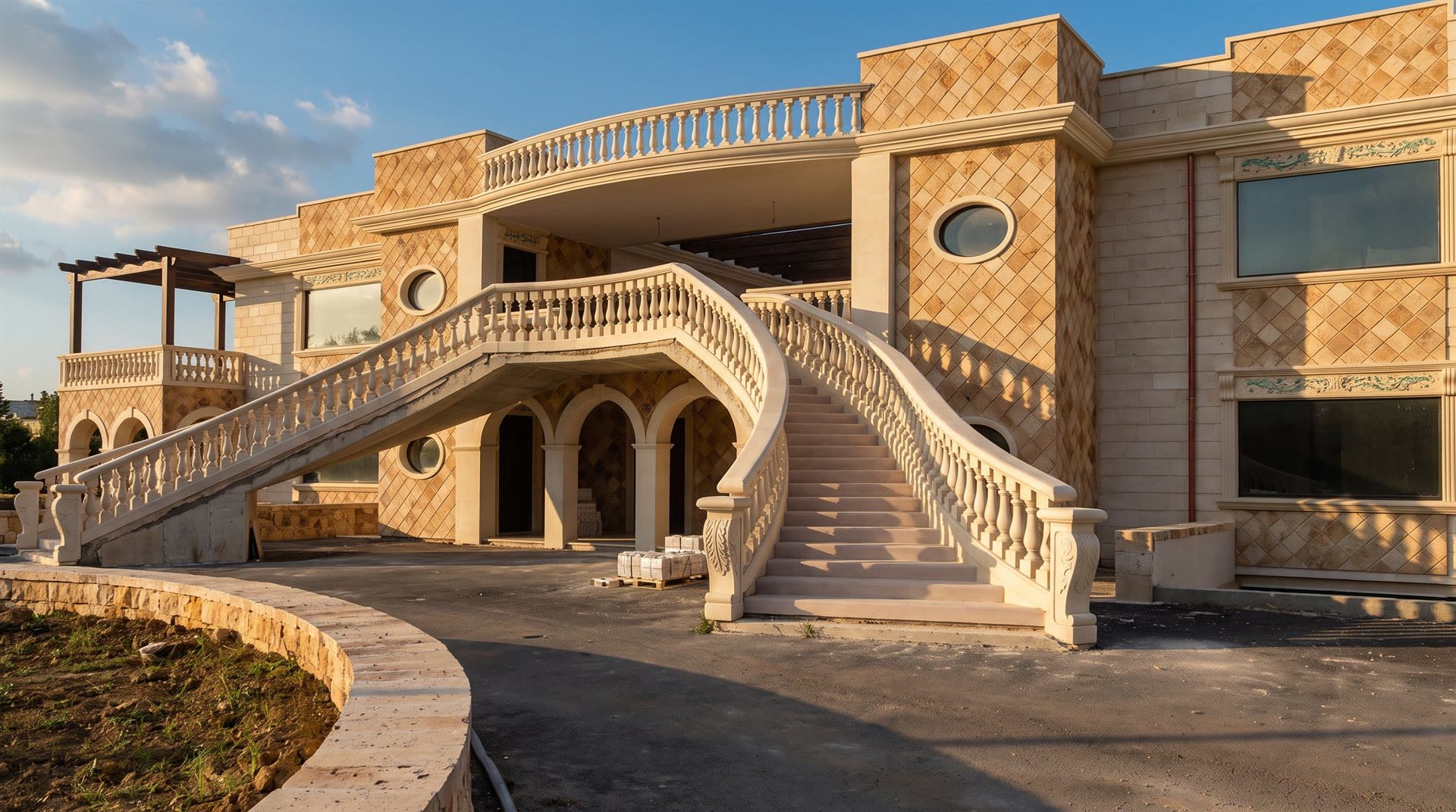 Visione di progetto: villa con doppia scalinata curva, balaustre in pietra chiara e archi, edilizia Michelessi