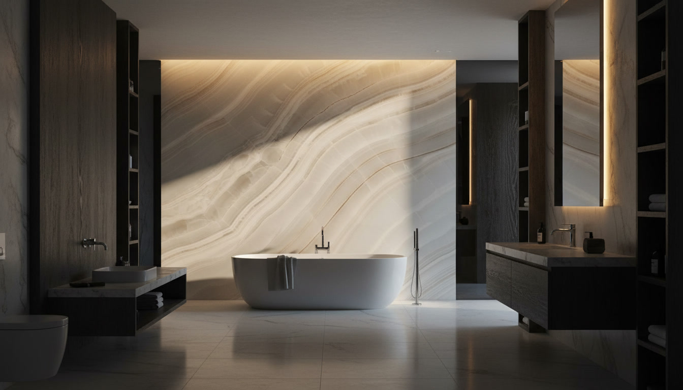 Texture di marmo chiaro con venature ambrate e perlacee, lavorazione del marmo Michelessi
