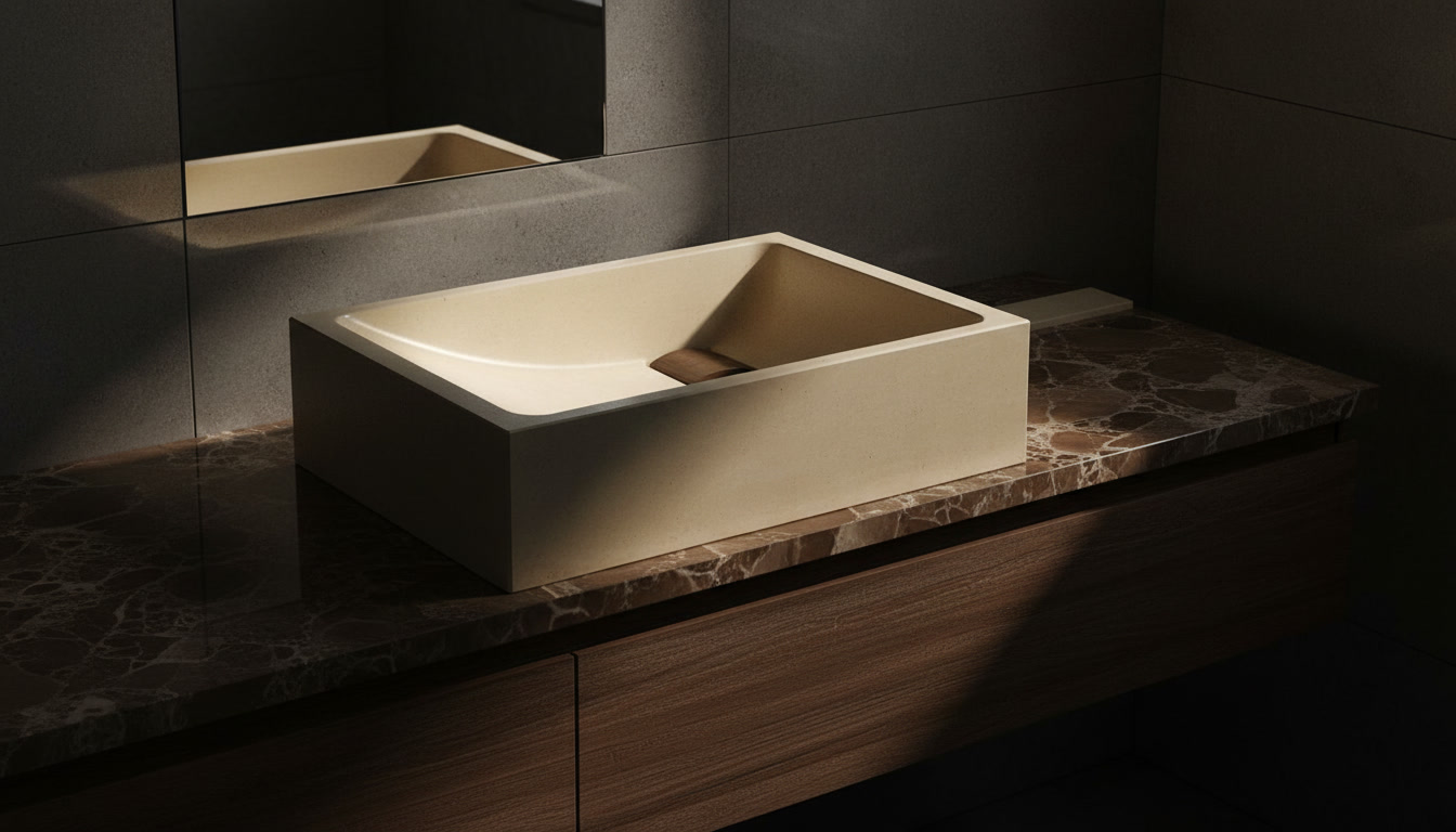 Lavabo Quadra in marmo: vasca rettangolare color crema su piano in marmo bruno venato con scanalatura