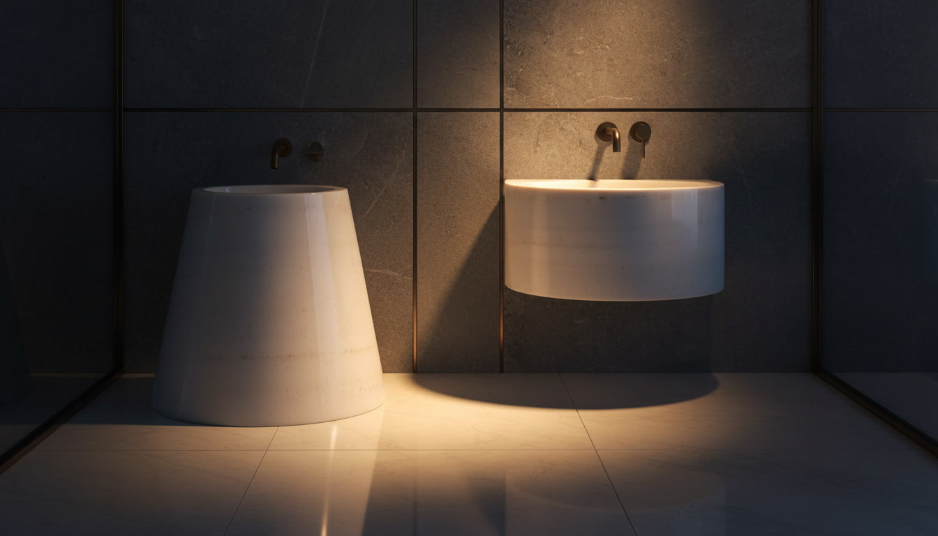 Lavabo Moradiana Bianco in marmo bianco lucido a tronco di cono, doppia veduta con interno e piletta cromata