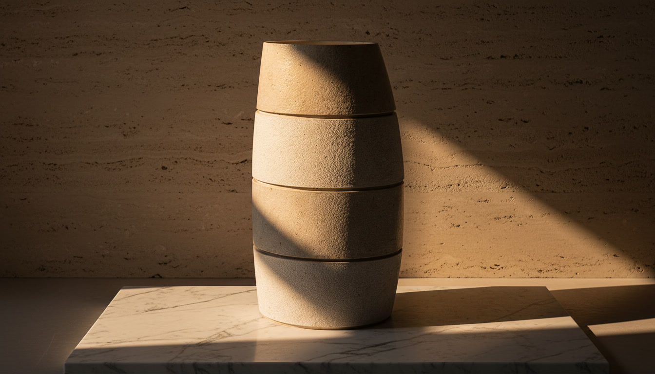 Lavabo freestanding Bigas in marmo a conci sovrapposti, superficie materica nei toni crema e bianco