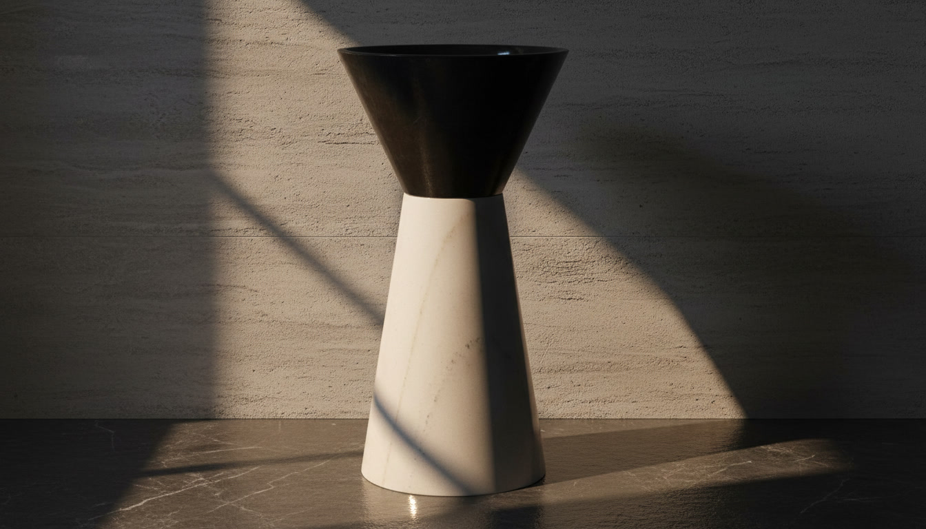 Lavabo a colonna Moradiana Laser Nero: coppa conica scura lucida su base a cono in marmo bianco venato