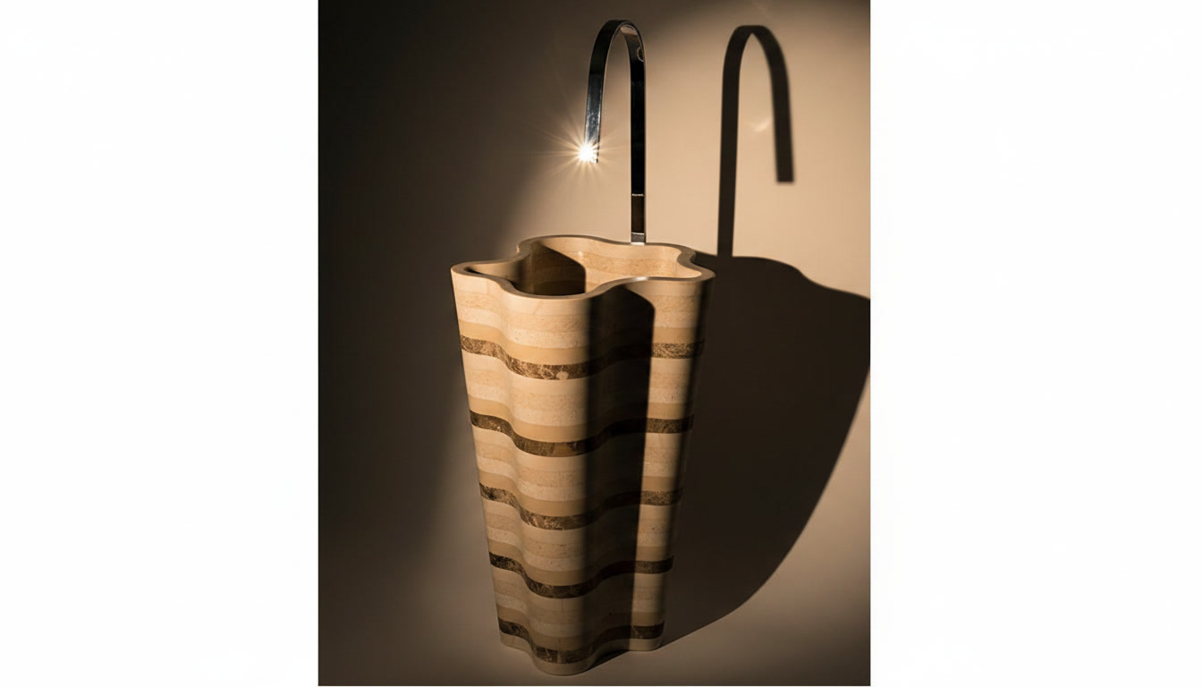 Lavabo freestanding Nuvola in marmo a fasce ondulate avorio, beige e brune, con rubinetto ad arco in acciaio