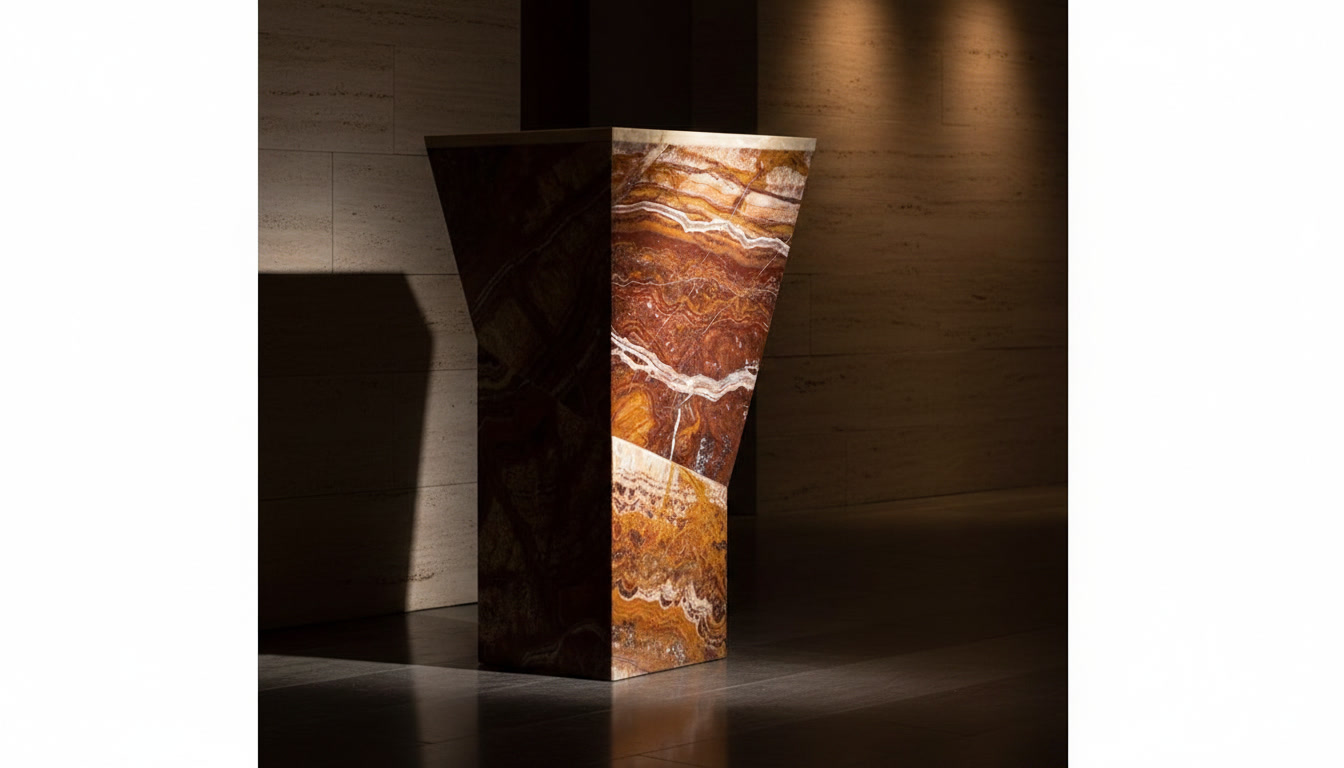 Lavabo a colonna Frog in pietra dalle bande rosso intenso, ambra e crema, volume geometrico sfaccettato
