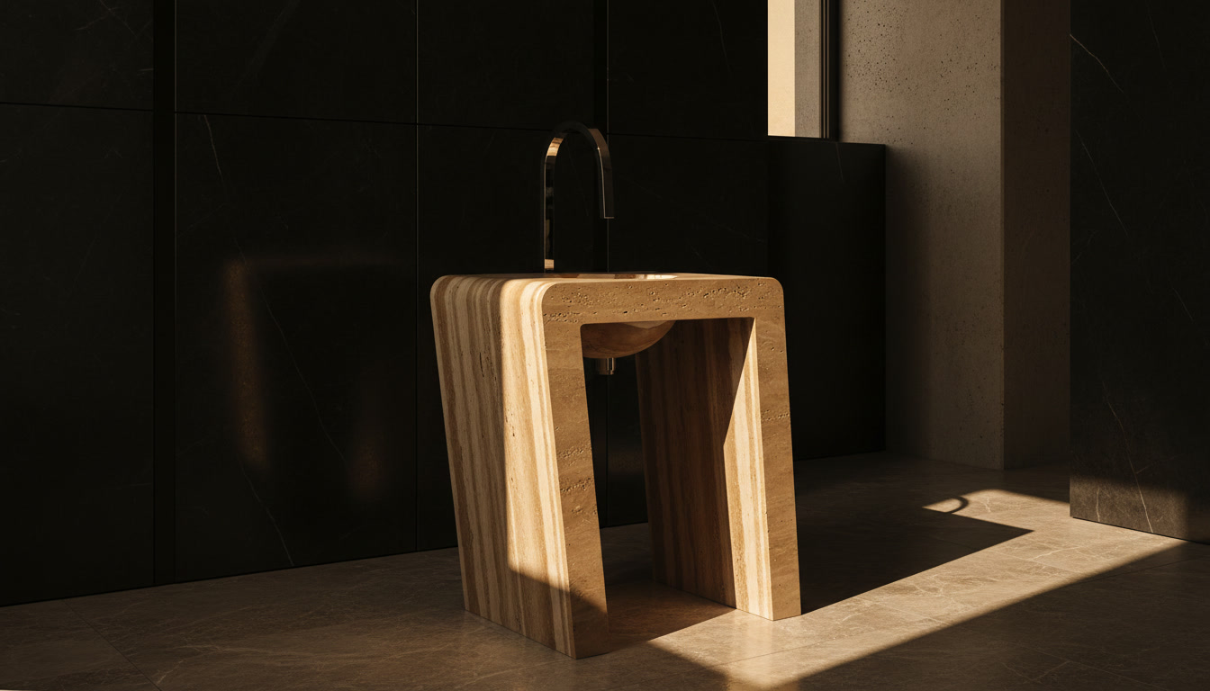 Lavabo Obi in travertino a strati con vasca circolare integrata nel piano e rubinetteria in acciaio