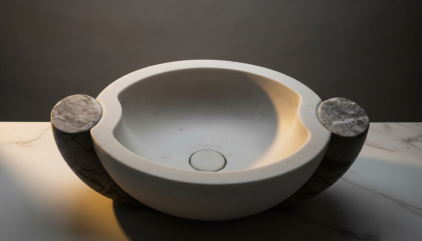 Lavabo Mixi con vasca ovale in marmo bianco opaco tra due elementi cilindrici in marmo grigio venato