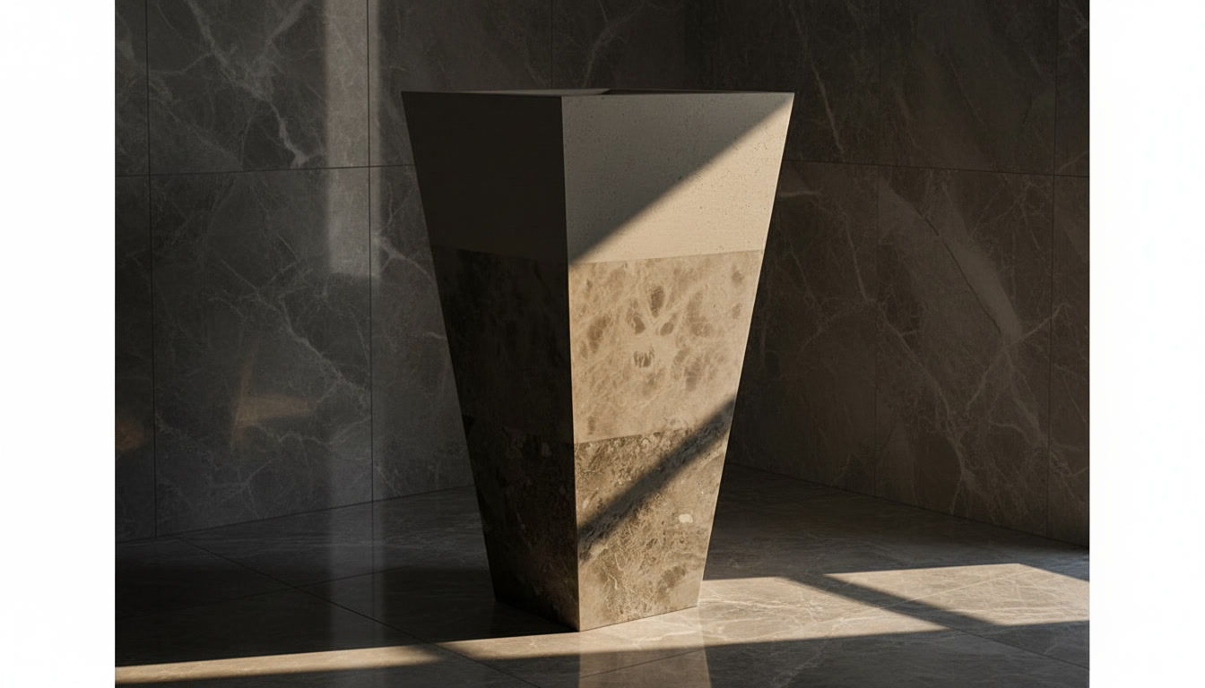Lavabo freestanding Piramide a tronco di piramide rovesciata, in marmo a tre fasce dal crema al bruno