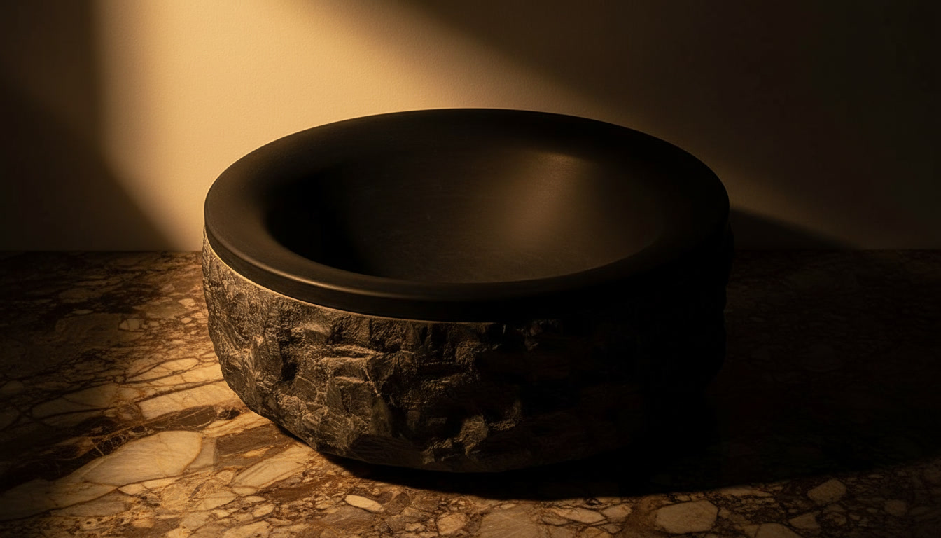 Lavabo tondo Kino in pietra scura con interno levigato e fascia esterna scolpita a superficie grezza