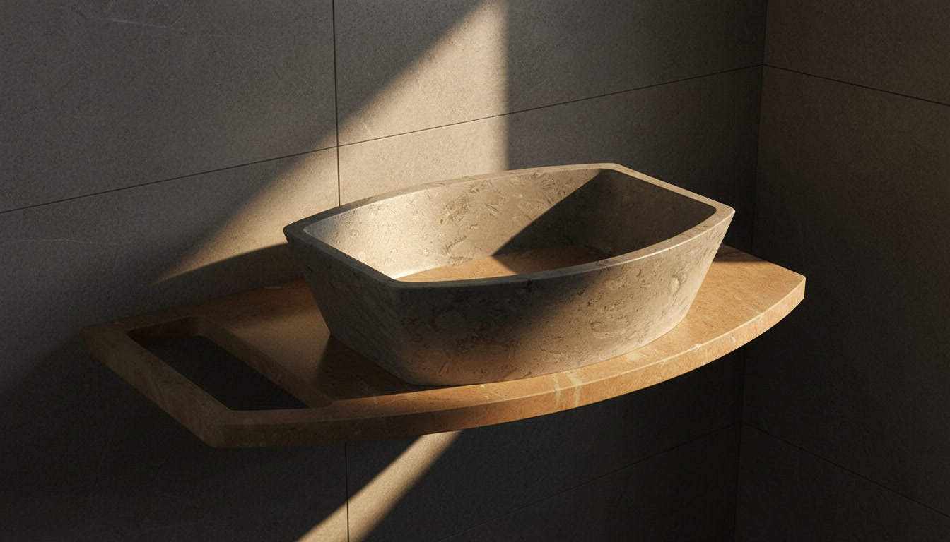 Lavabo Edra in pietra grigia dai motivi fossili su piano curvo in marmo aranciato con presa scavata
