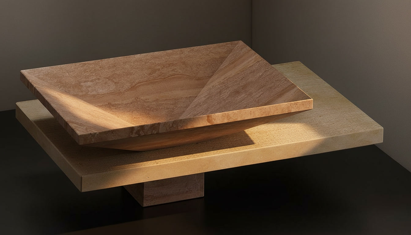 Lavabo Dahalia in marmo beige rosato a piramide rovesciata, su piano rigato color sabbia con basamento centrale