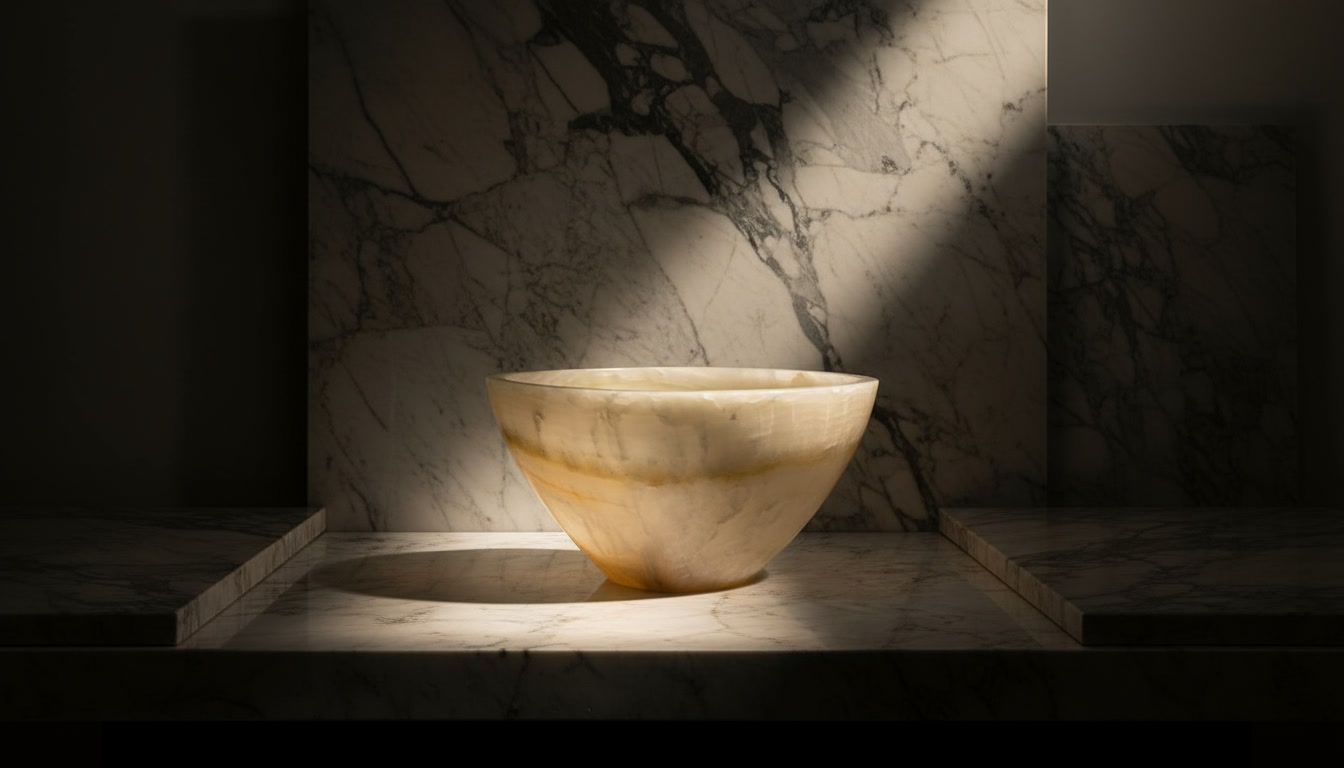 Lavabo Mida a mandorla in onice traslucido dai toni avorio, miele e ambra con bordo perlaceo