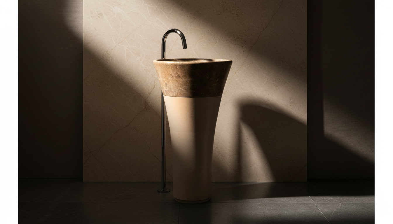 Lavabo a colonna Stelo con fusto slanciato color crema e coppa svasata in marmo grigio-bruno, rubinetto in acciaio