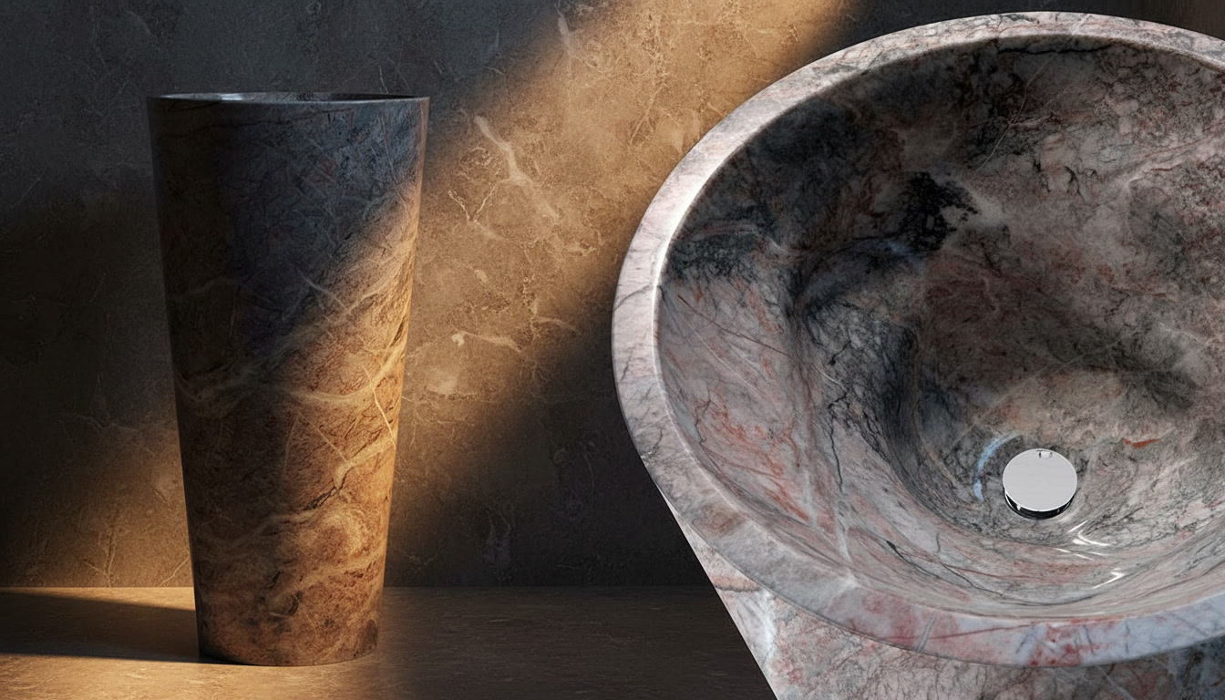 Lavabo a colonna Morandiana in marmo grigio-rosato con venature rosse, doppia veduta esterna e interna
