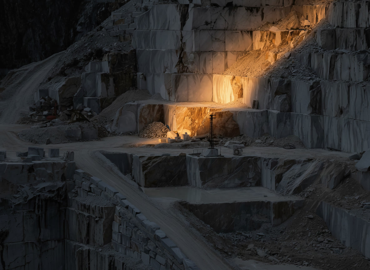 Cava di marmo bianco a gradoni con blocchi squadrati e strade di cava — eventi Michelessi Marble