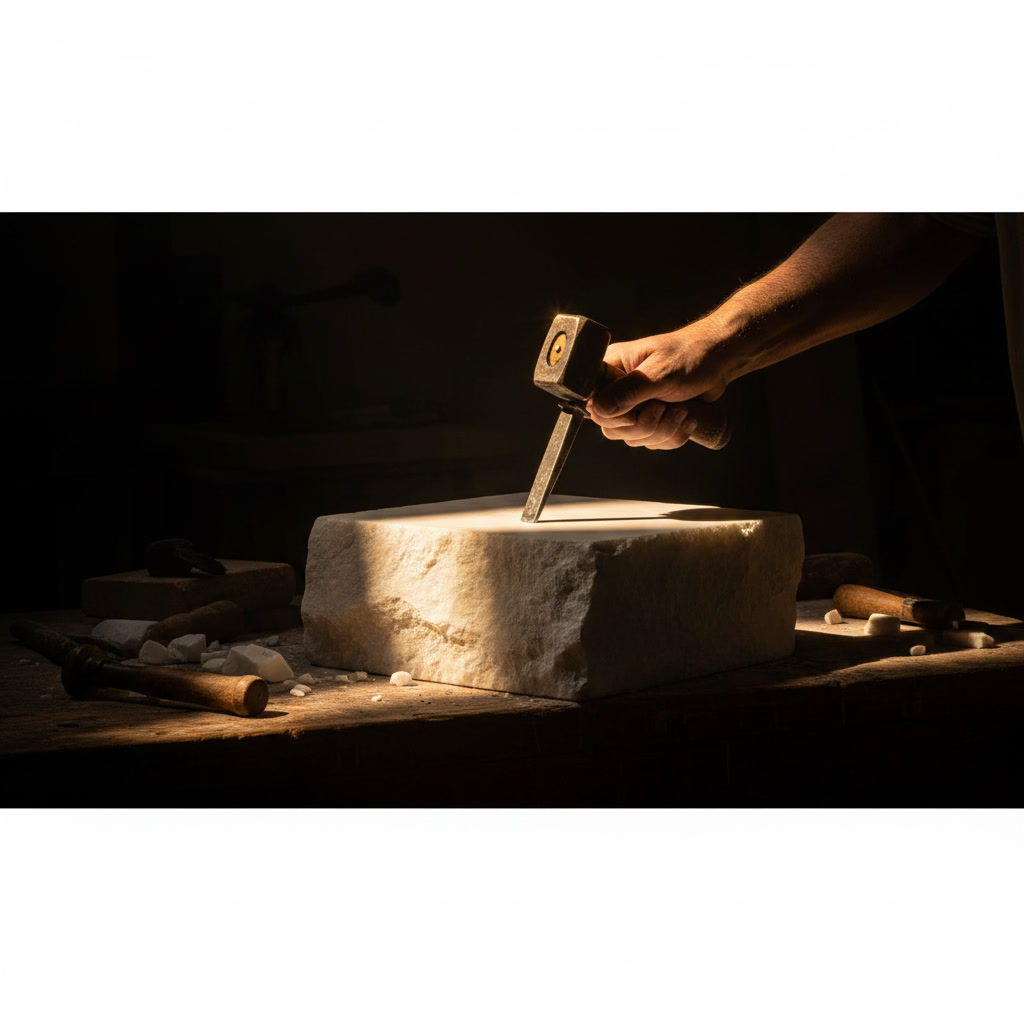Mano di artigiano con mazzuolo e scalpello su un blocco di marmo bianco, al buio della bottega