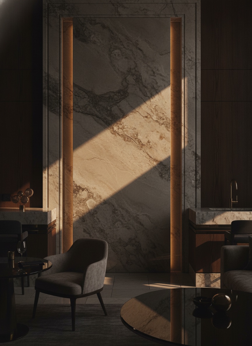 Sala lounge in penombra con portale in marmo retroilluminato, poltrona e tavolino, allestimento dell'aperitivo di primavera Michelessi
