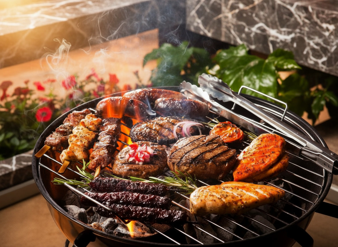 Grigliata mista su barbecue con spiedini, salsicce e bistecche tra le fiamme — aperitivo Michelessi