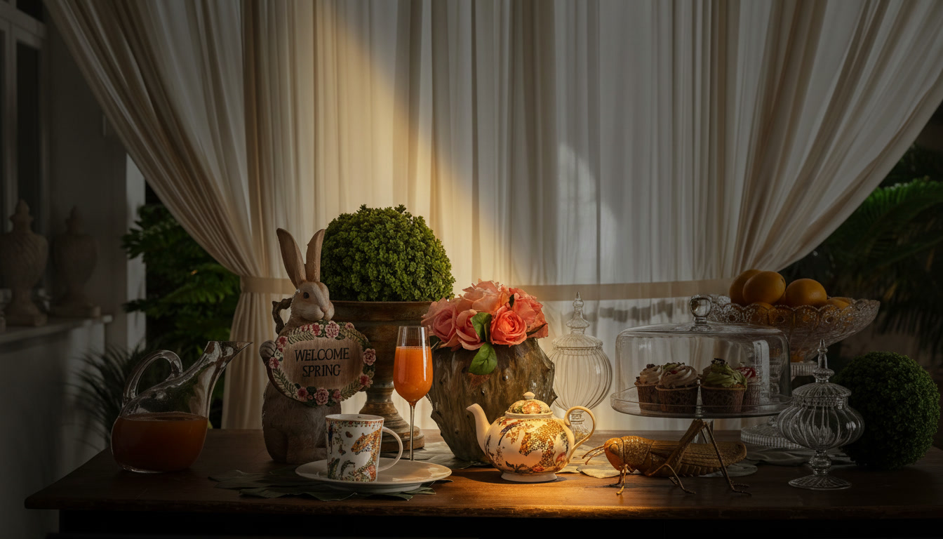 Tavolo decorato di primavera con coniglio Welcome Spring, caraffa di succo, teiera e dolci sotto campana