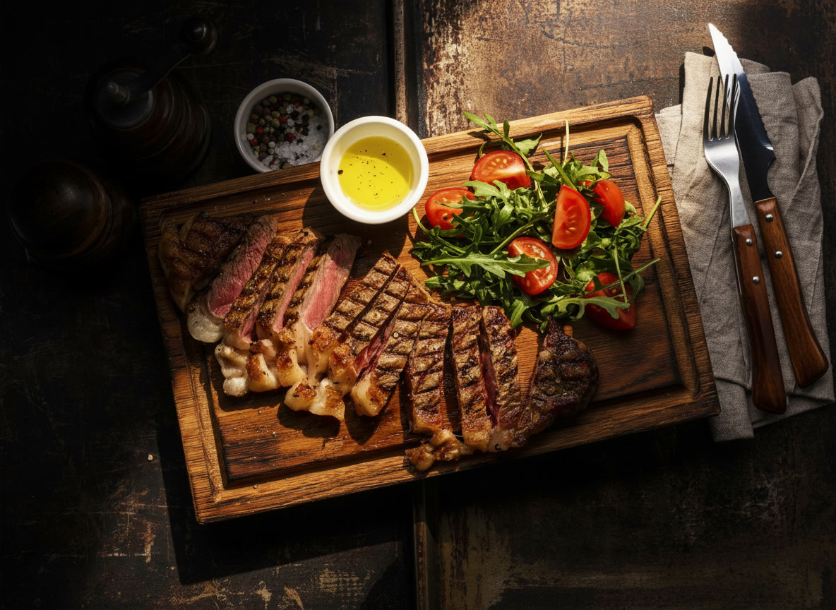 Tagliata di manzo su tagliere di legno con rucola, pomodorini e olio — evento aperitivo Michelessi