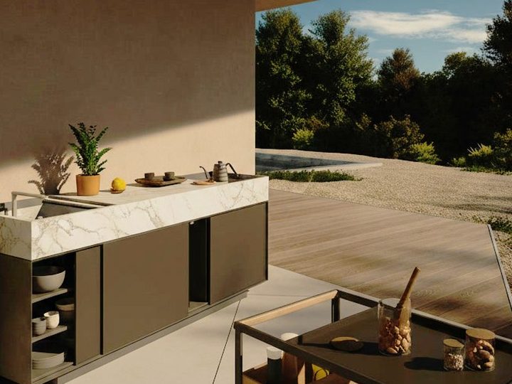 Modern budget outdoor kitchen with sliding doors, integrated sink and inner shelves, minimal style