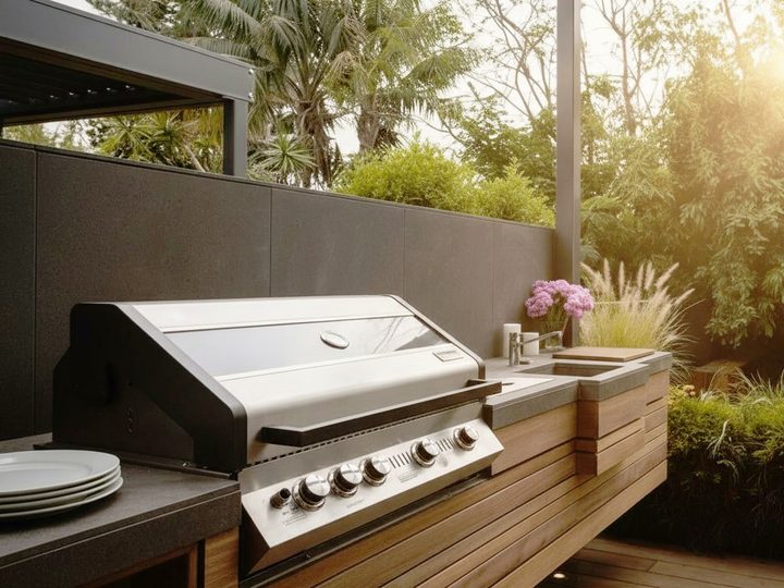 Cucina da esterno economica con barbecue a gas in acciaio, ante in legno teak e lavello integrato, su terrazza