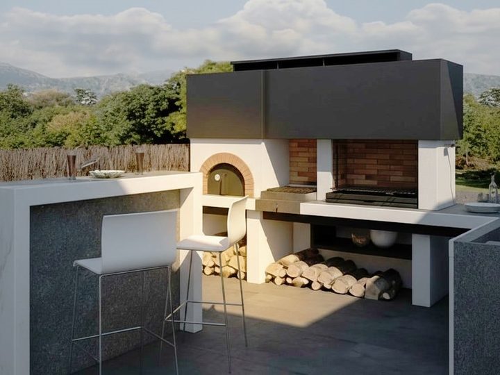 Barbecue con forno da esterno in stile moderno con ripiano e piano laterale, su terrazza panoramica