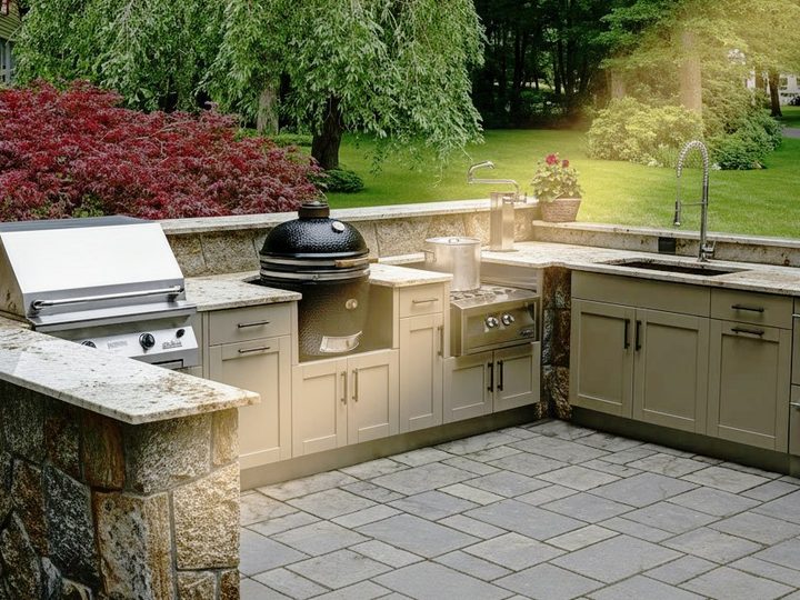 Cucina da esterno con pianale stondato, ante verde salvia, griglia tonda, barbecue e lavello ad angolo, in giardino