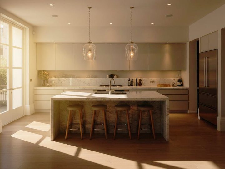 Cucina luminosa con isola in marmo di Carrara, piano snack e sgabelli in legno