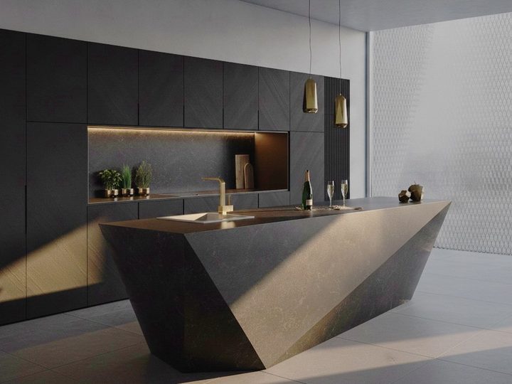 Kitchen clad in black porcelain stoneware with faceted island, sink and golden details