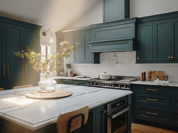 Petrol green lacquered wood kitchen with veined marble top, cooker, oven and sink