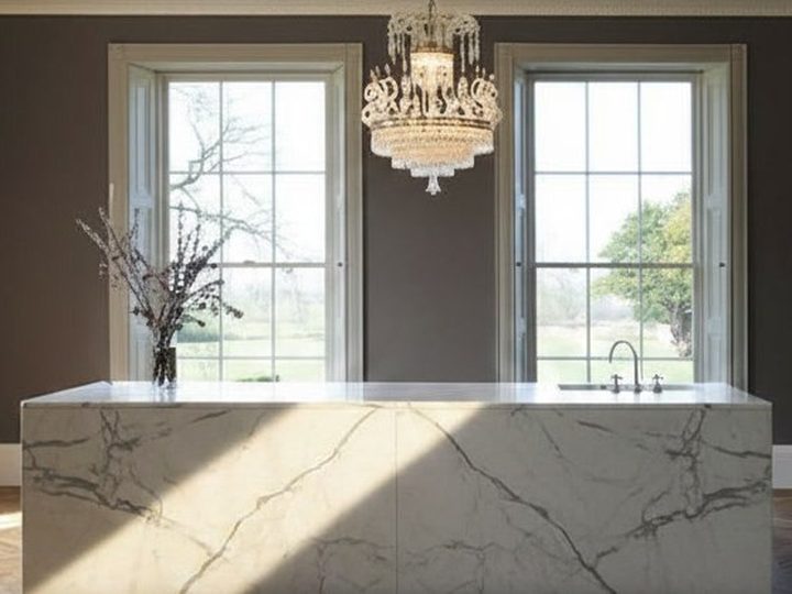 Large sharp-edged Carrara marble island with sink in minimal dove-grey kitchen