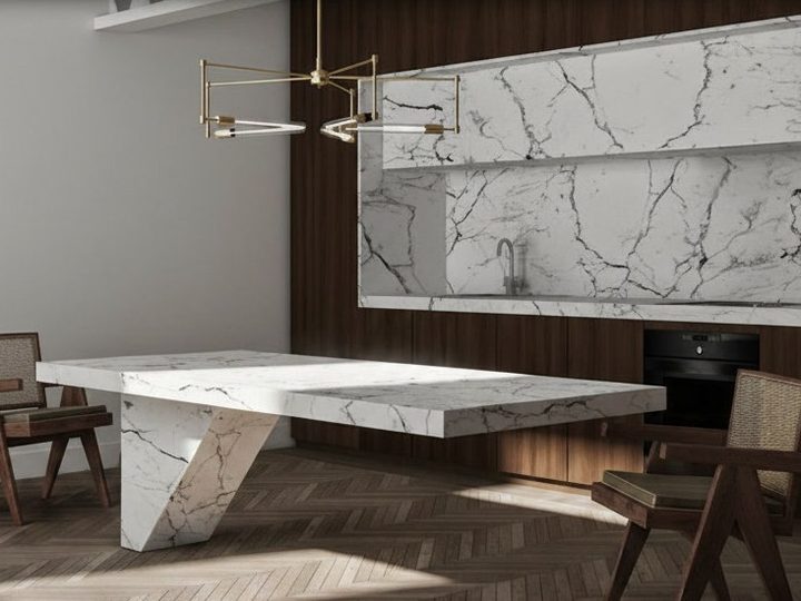 Single-leg cantilevered Carrara marble island set into walnut wall with marble niche