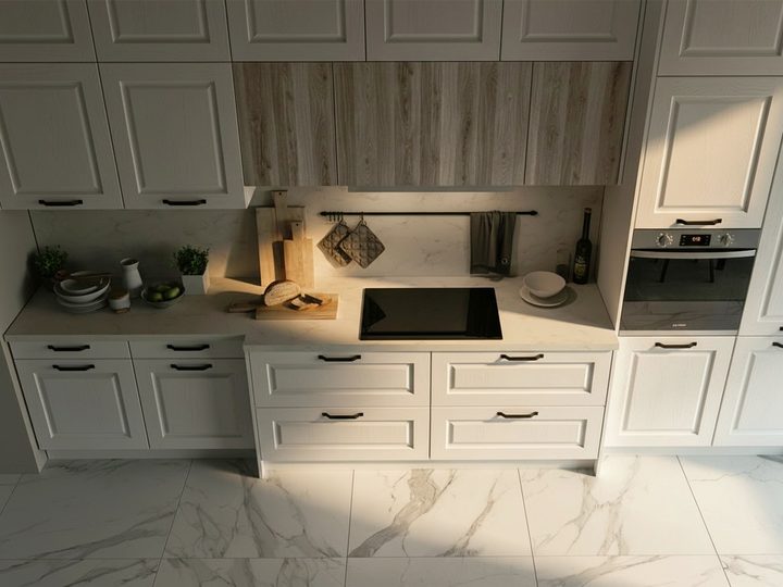 Classic white kitchen with framed doors and white marble floor with grey veining