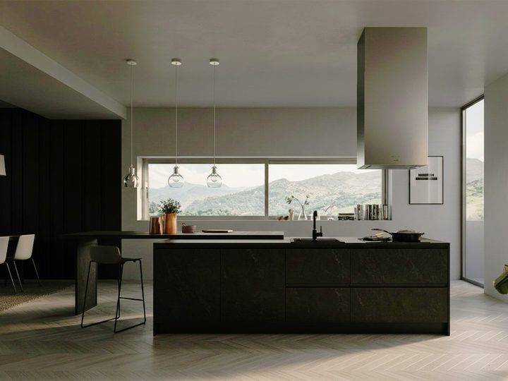 Dark stone-effect island with suspended steel hood and panoramic window over the valley