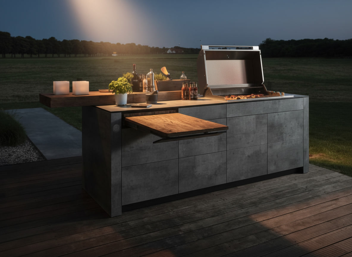 Cucina da esterno con isola grigia effetto pietra, griglia e piani in legno su terrazza al tramonto