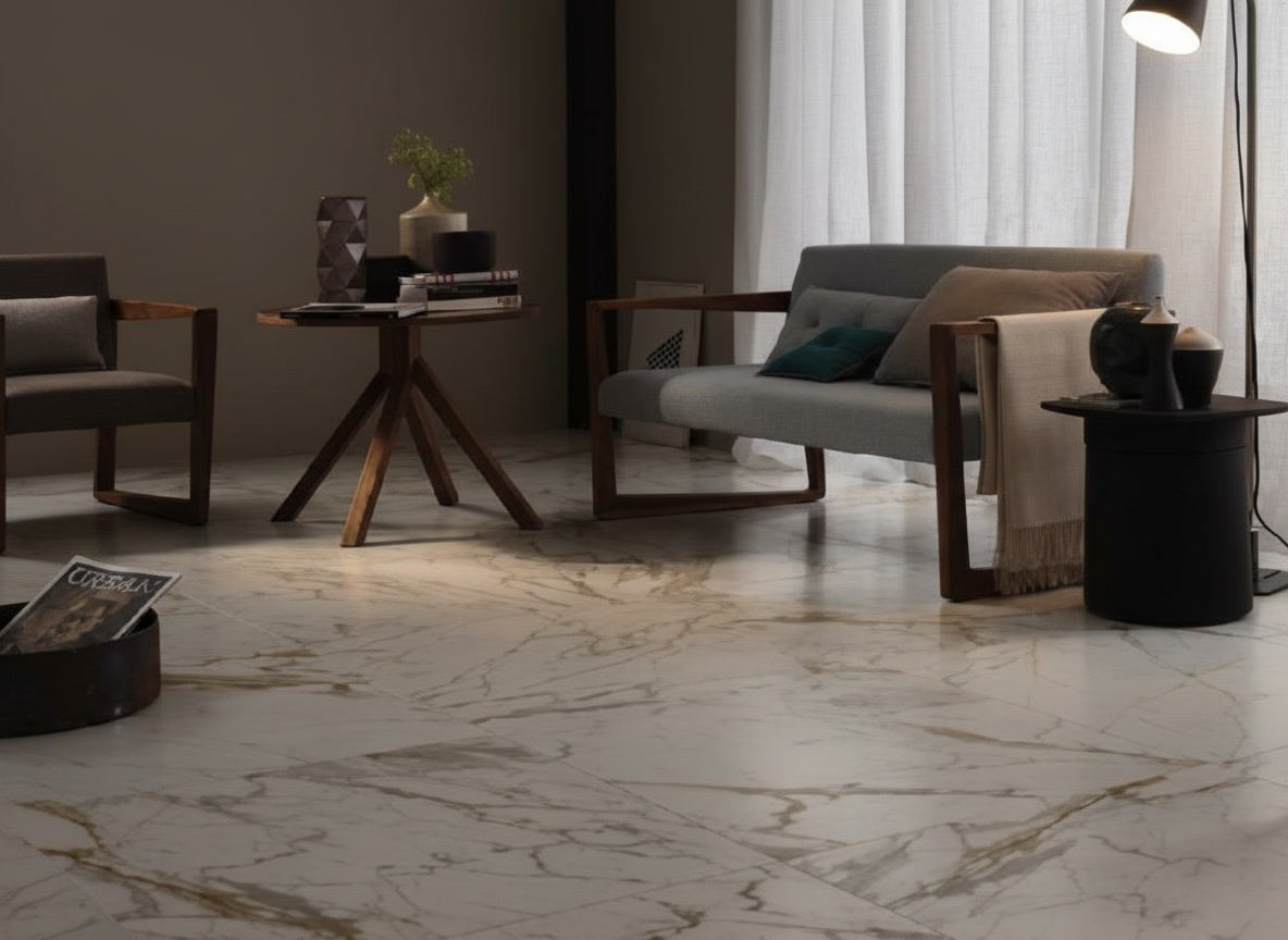 Pavimento in marmo bianco con venature grigie e dorate in un soggiorno contemporaneo, pavimenti in marmo
