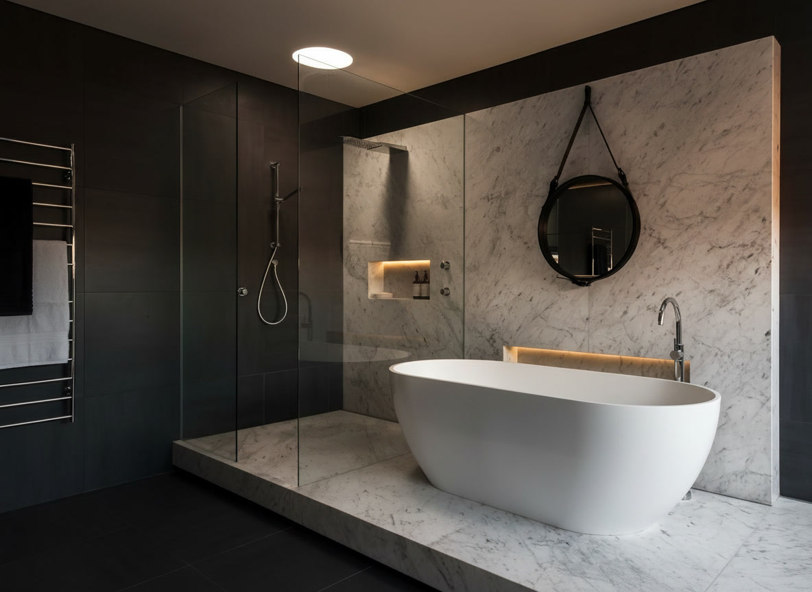 Bagno in marmo bianco venato di grigio con vasca ovale, specchio rotondo e doccia in cristallo