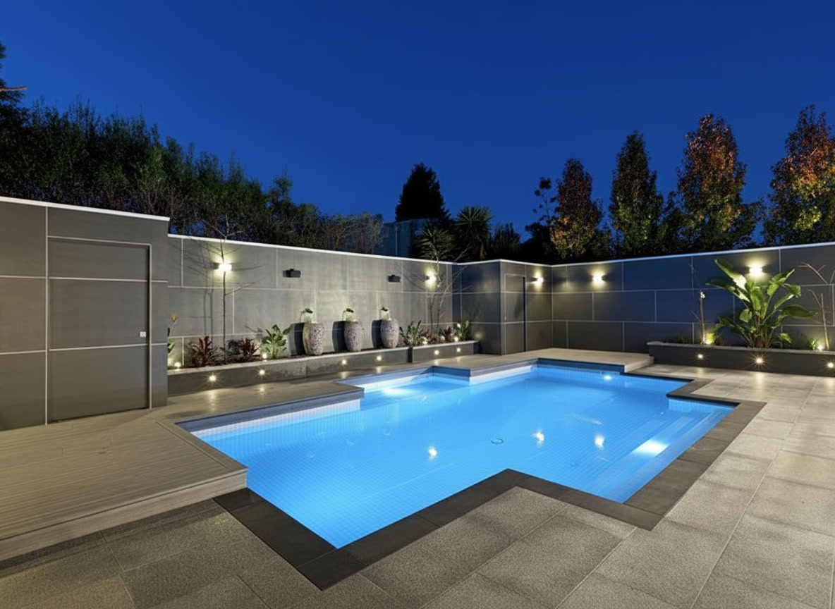 Piscina illuminata di notte con pavimentazione in pietra e pareti rivestite in grandi lastre grigie