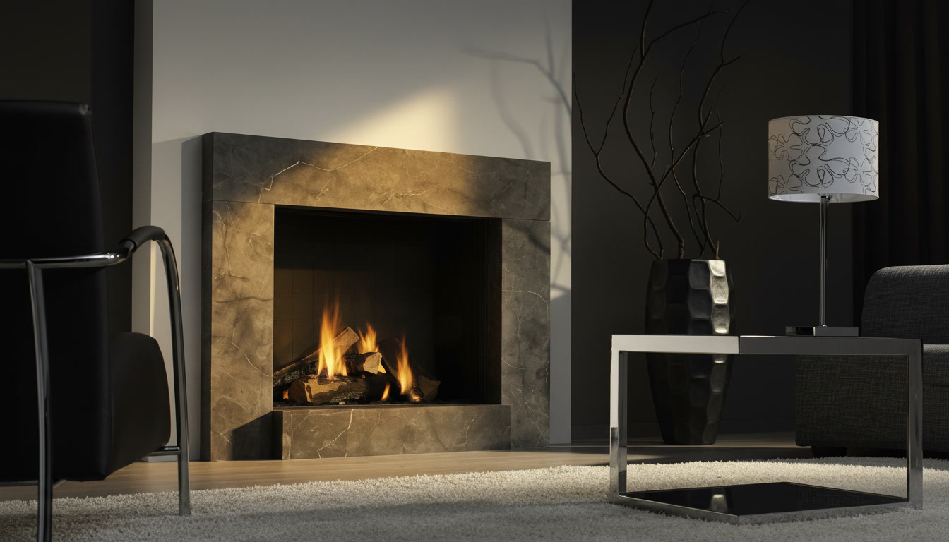 Caminetto con cornice in marmo grigio venato e fuoco acceso in un salotto contemporaneo, caminetti in marmo