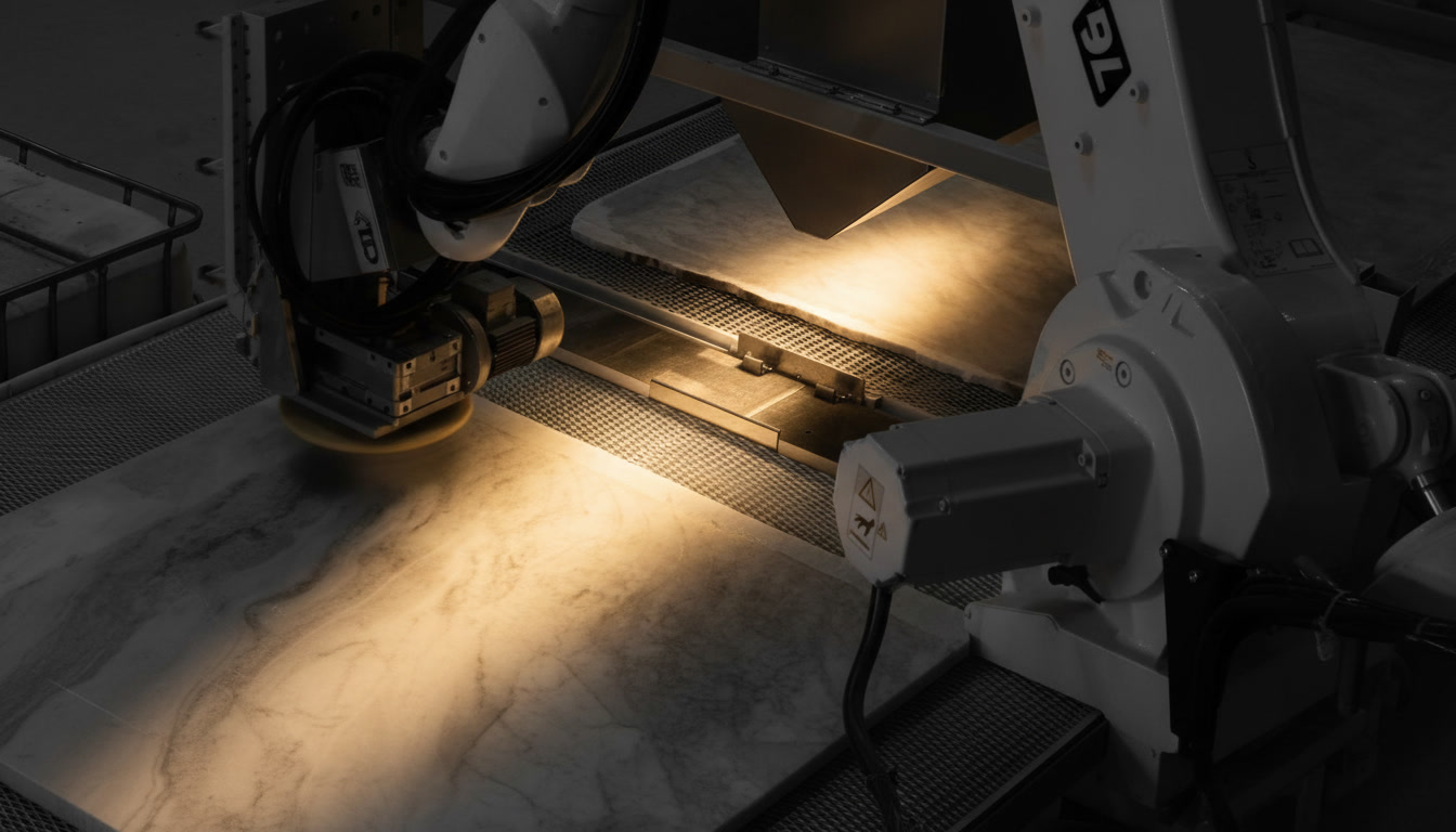 Braccio robotico di lucidatura con disco giallo su lastra di marmo, fotografia in bianco e nero