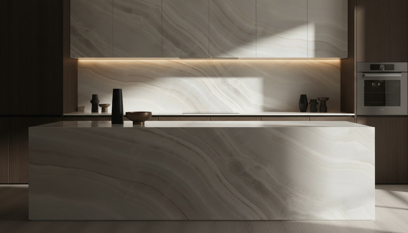 Lastra di onice bianco con bande morbide e sottili venature caramello